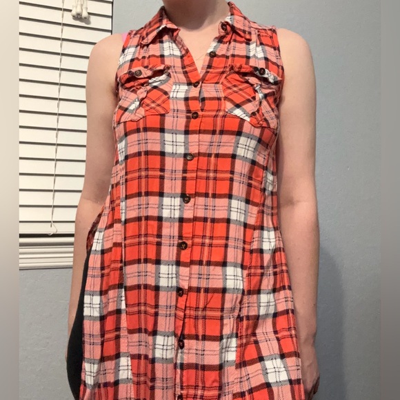 Love Ari Plaid Tartan Tunic Button Up Sleeveless Orange White Women’s Size S - Picture 10 of 13